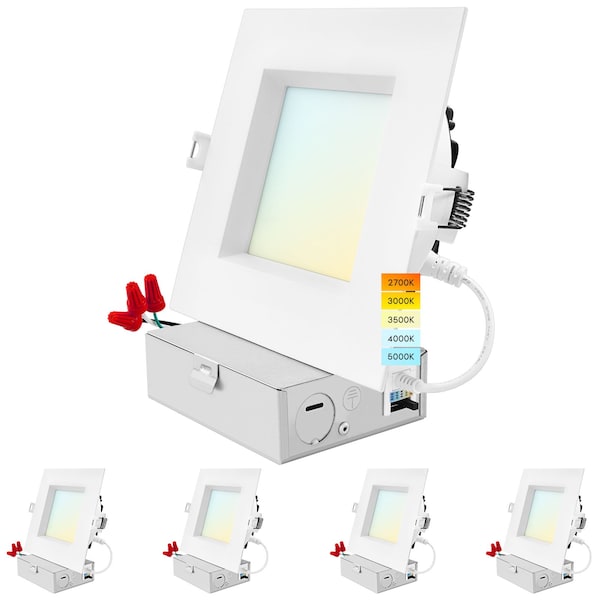 Luxrite 5 Inch Square LED Recessed Downlights 5CCT 2700K-5000K 18W 1600LM Dimmable Wet Rated IC Rated, 4PK LR22642-4PK - main